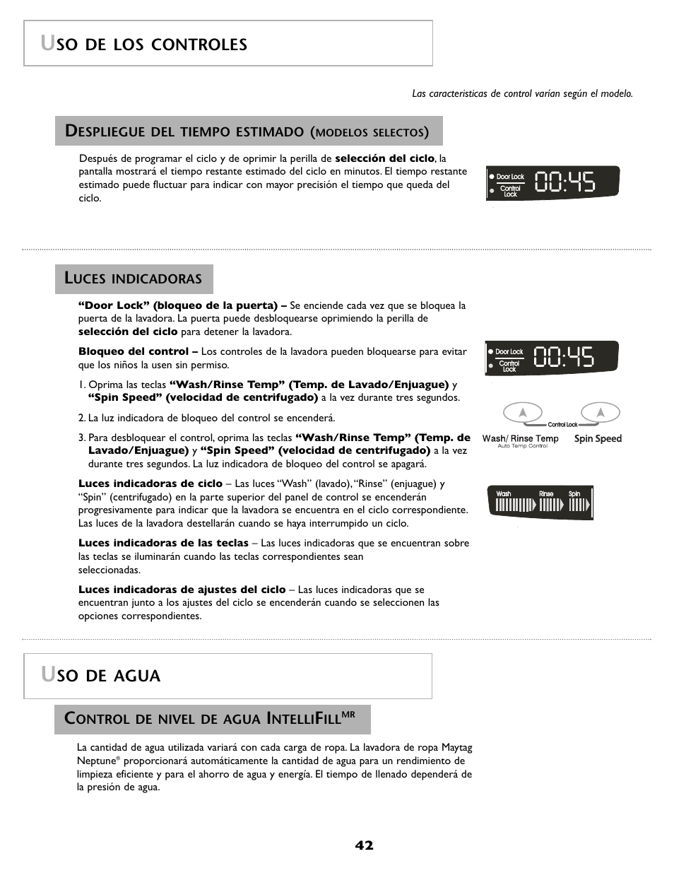 So de agua, So de los controles | Maytag MAH8700AWM User Manual | Page 43 / 52