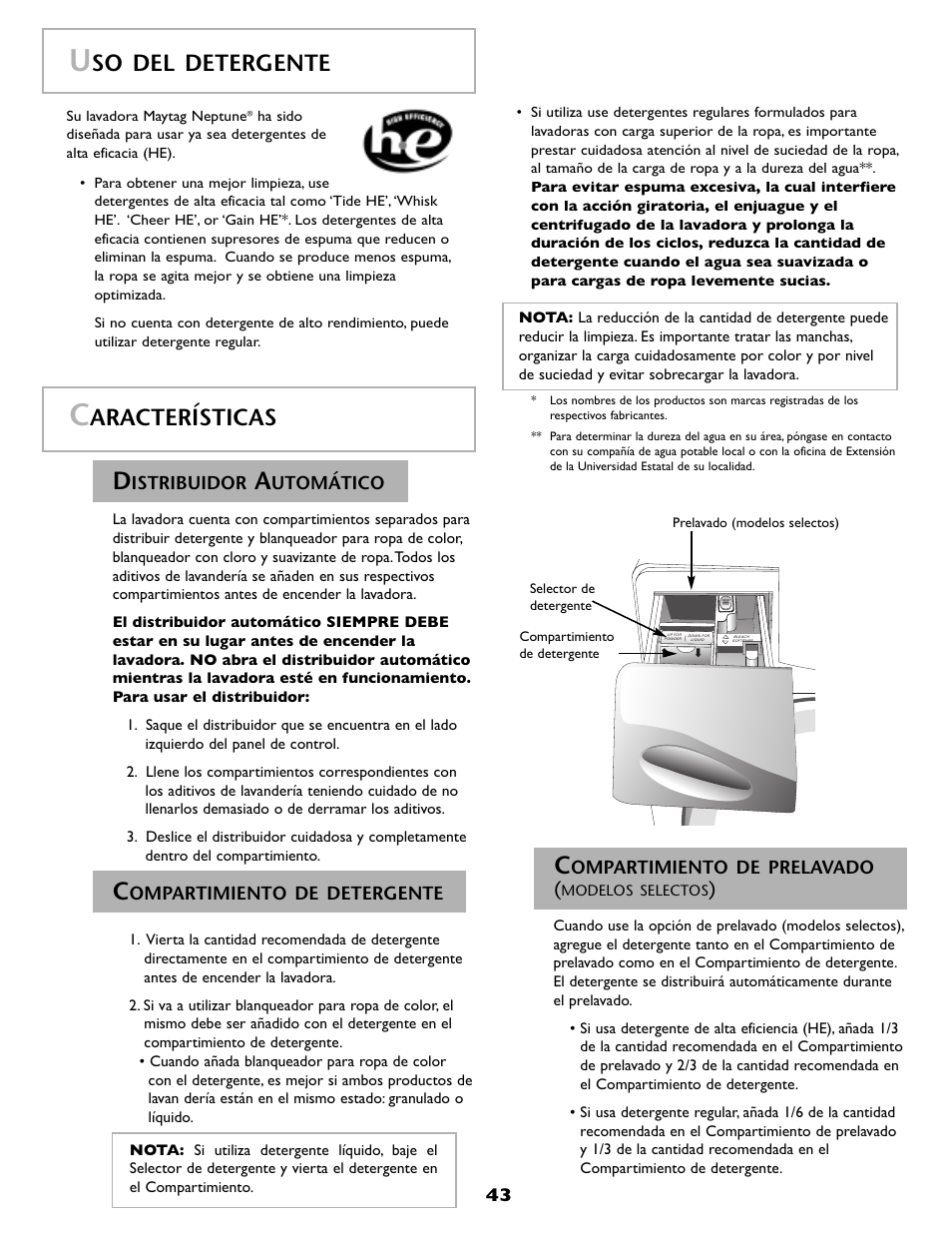 Aracterísticas, So del detergente | Maytag MAH8700AWM User Manual | Page 44 / 52