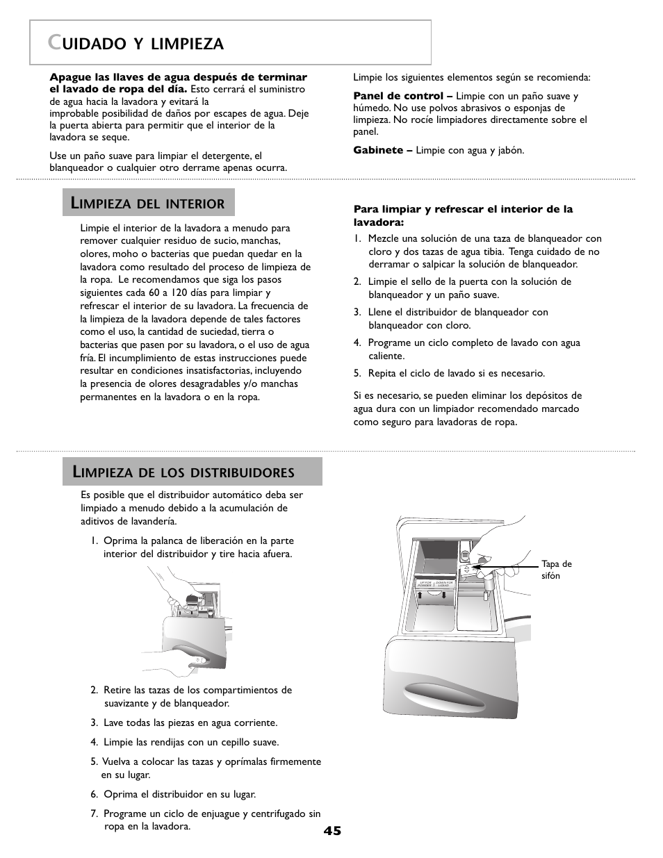 Uidado y limpieza, Impieza del interior, Impieza de los distribuidores | Maytag MAH8700AWM User Manual | Page 46 / 52