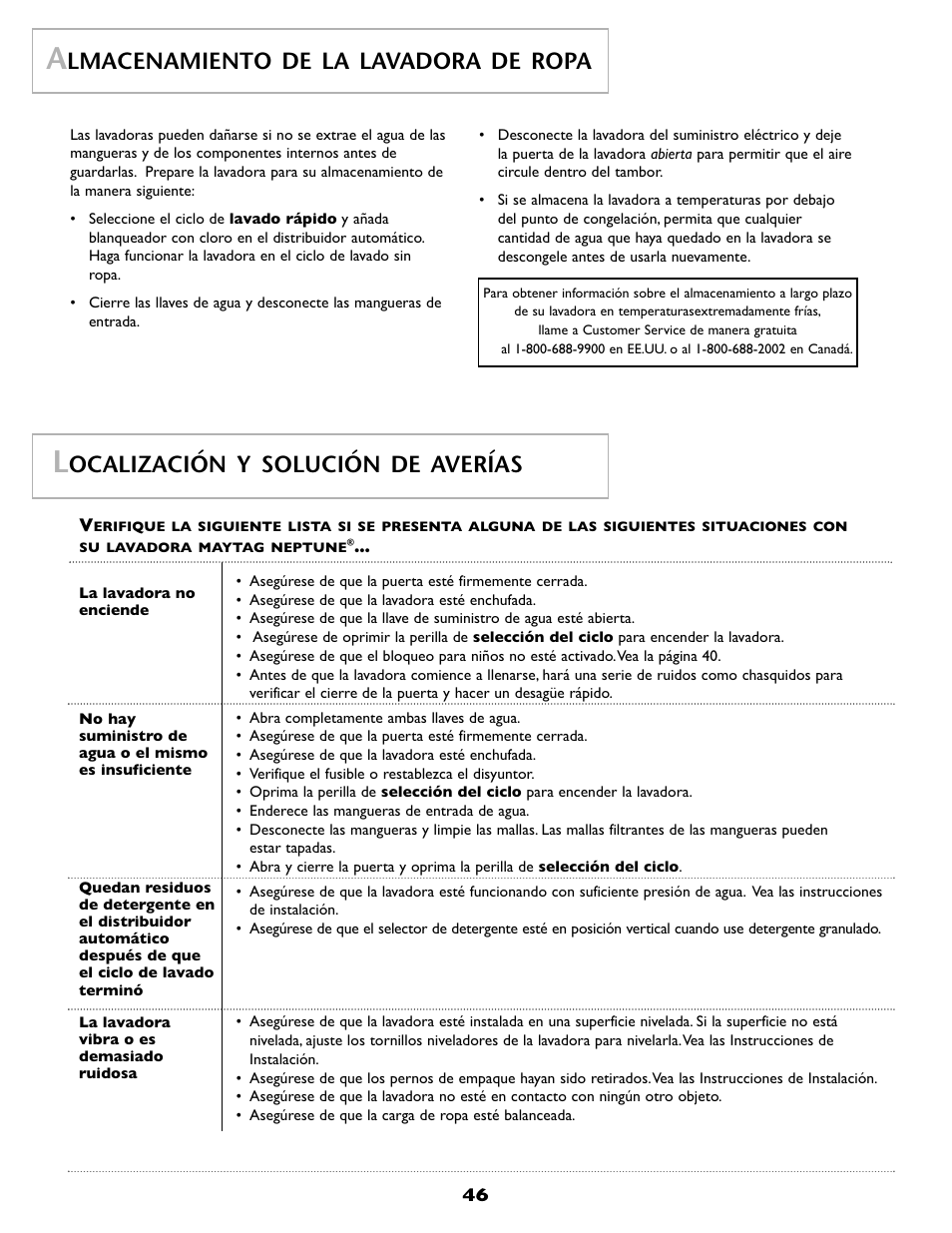 Lmacenamiento de la lavadora de ropa, Ocalización y solución de averías | Maytag MAH8700AWM User Manual | Page 47 / 52