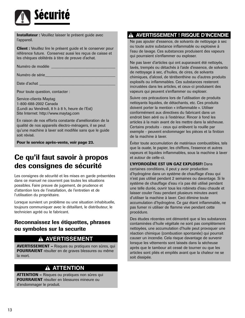 Sécurité | Maytag LAV3600AWW User Manual | Page 14 / 36