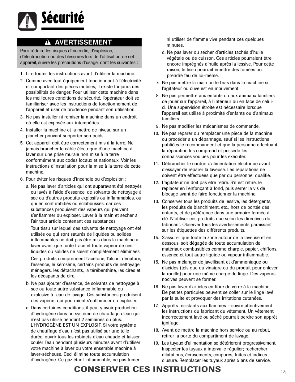Sécurité, Conserver ces instructions, Avertissement | Maytag LAV3600AWW User Manual | Page 15 / 36