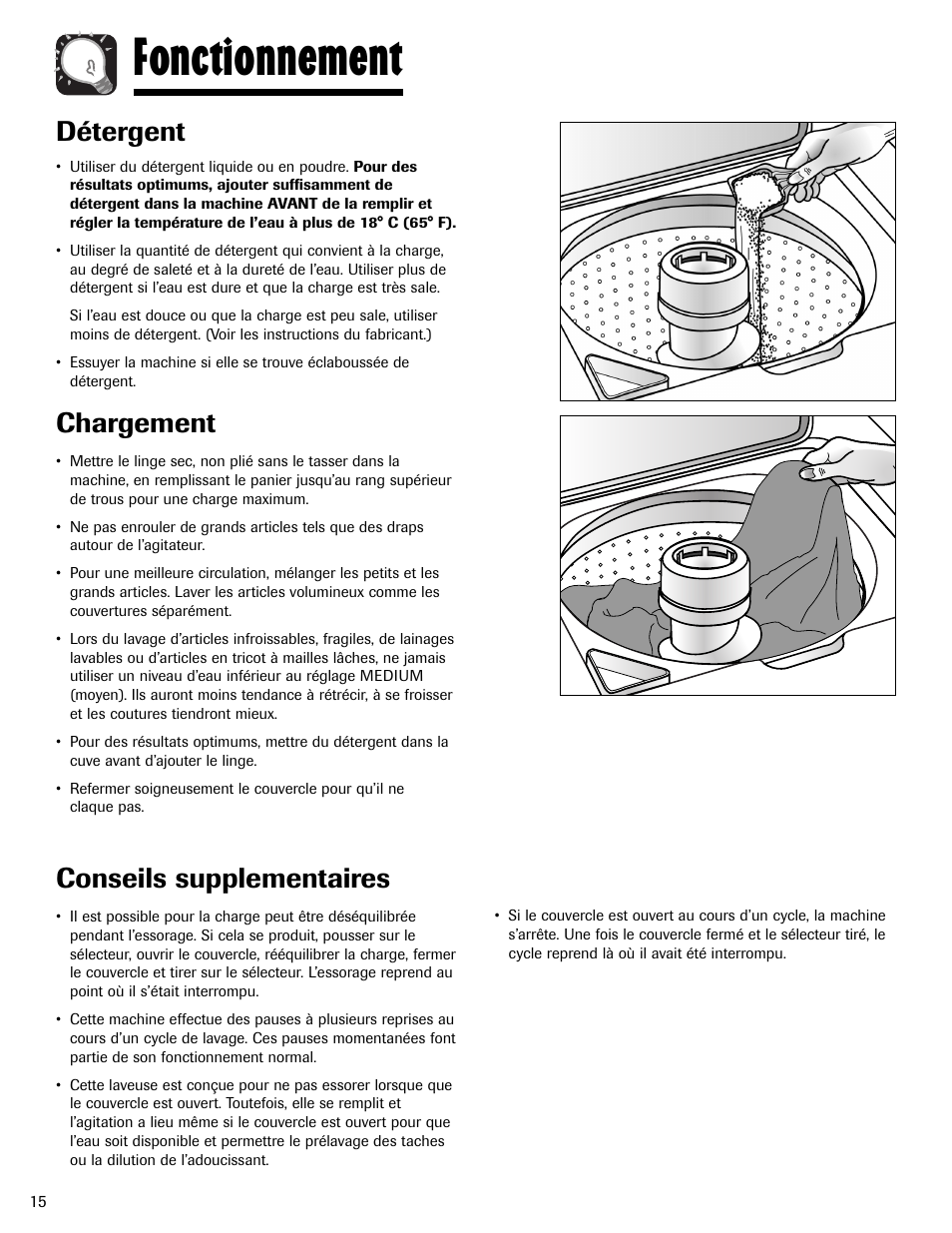 Fonctionnement, Conseils supplementaires, Détergent | Chargement | Maytag LAV3600AWW User Manual | Page 16 / 36