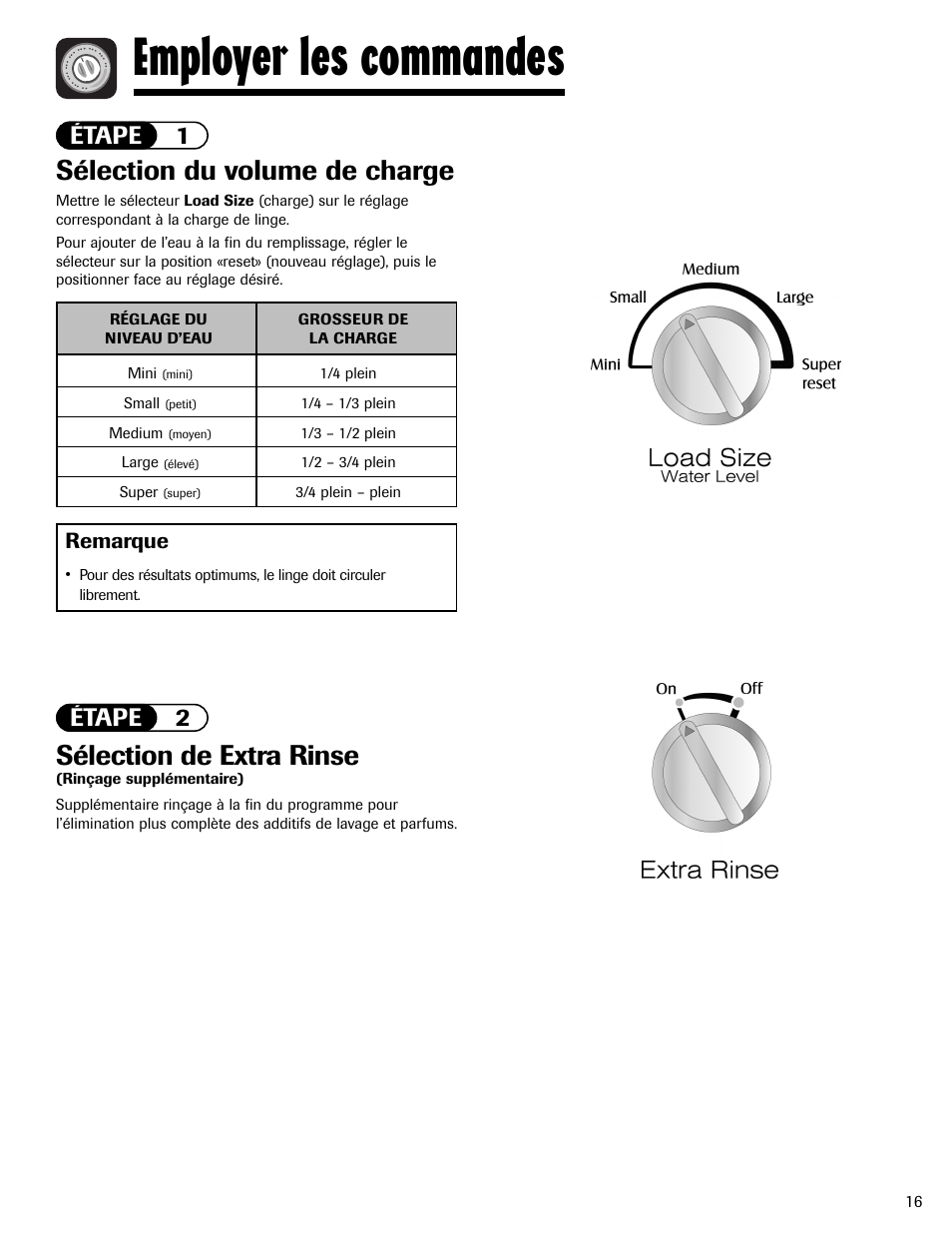 Employer les commandes, Sélection du volume de charge, Sélection de extra rinse | Étape 1, Étape 2, Remarque | Maytag LAV3600AWW User Manual | Page 17 / 36
