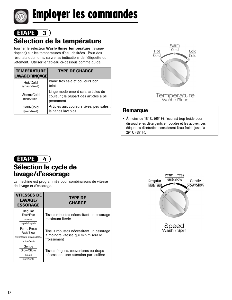 Employer les commandes, Sélection de la température, Sélection le cycle de lavage/d’essorage | Étape 3 étape 4, Remarque | Maytag LAV3600AWW User Manual | Page 18 / 36