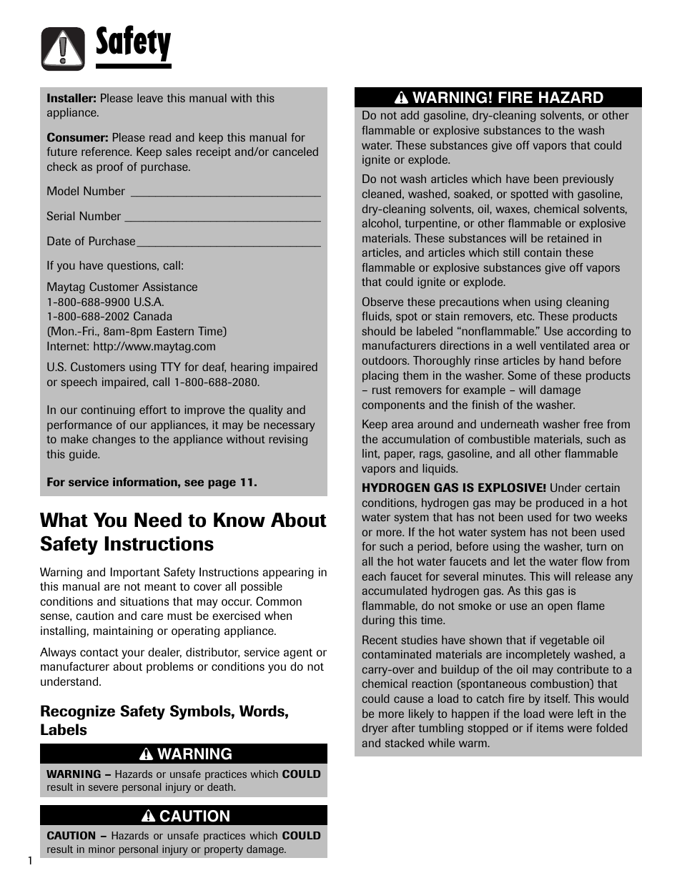 Safety, What you need to know about safety instructions | Maytag LAV3600AWW User Manual | Page 2 / 36