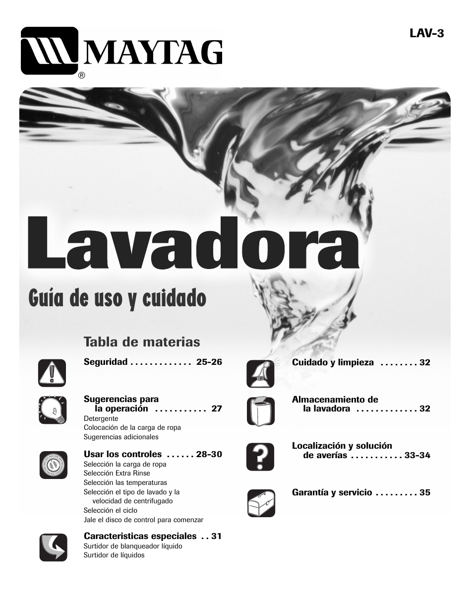 Guía de uso y cuidado, Tabla de materias, Lav-3 | Maytag LAV3600AWW User Manual | Page 25 / 36