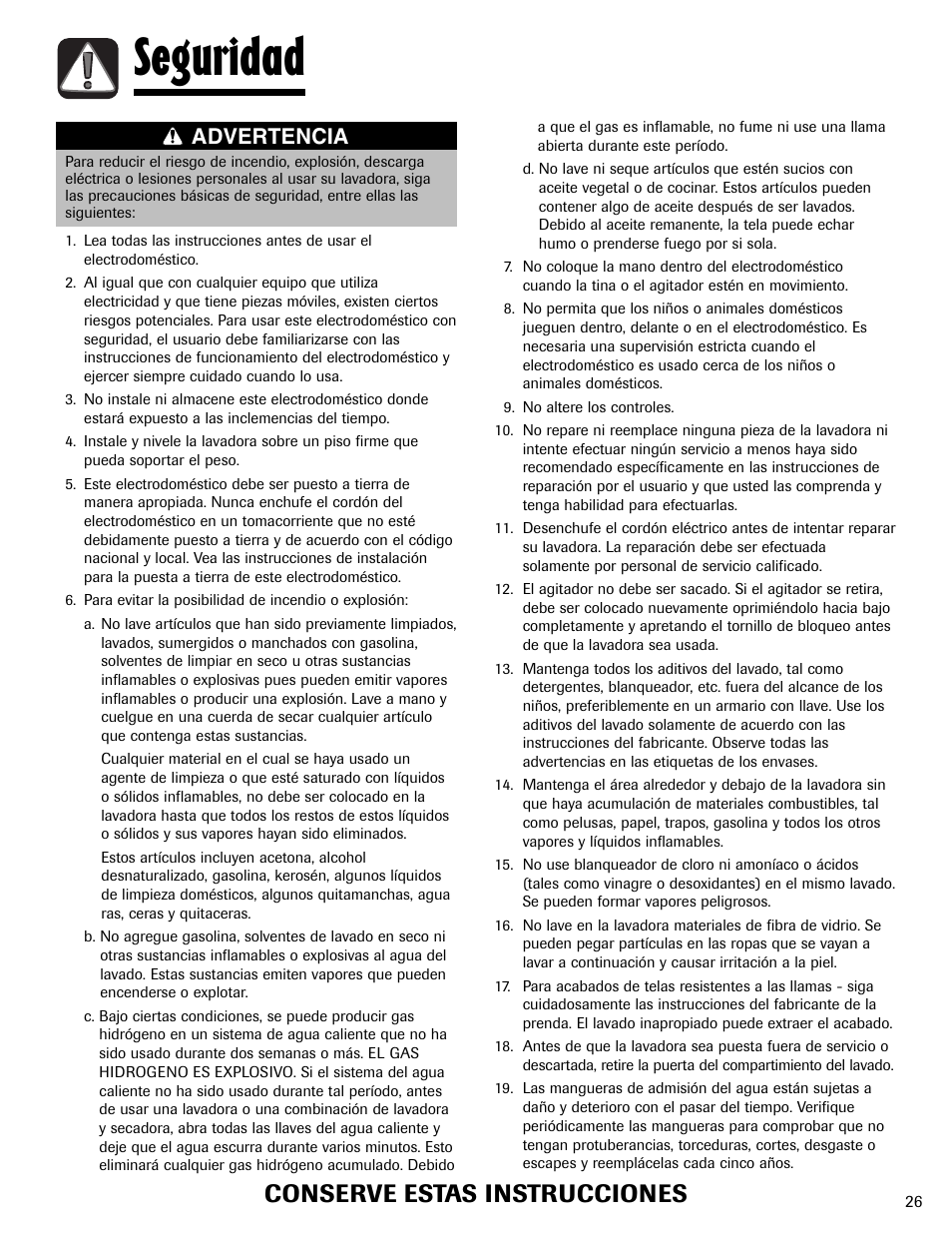 Seguridad, Conserve estas instrucciones, Advertencia | Maytag LAV3600AWW User Manual | Page 27 / 36