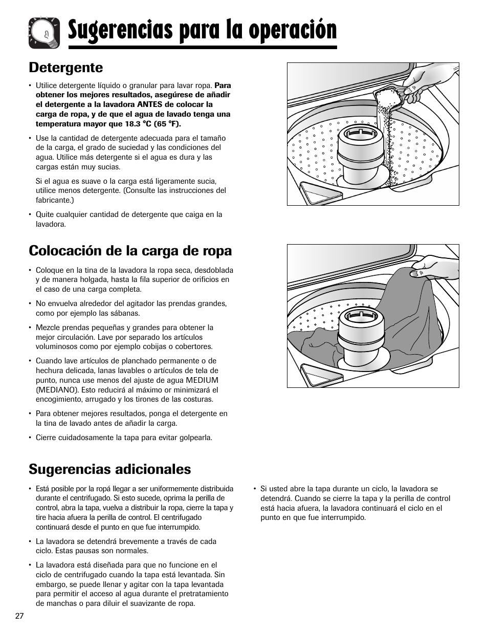 Sugerencias para la operación, Sugerencias adicionales, Detergente | Colocación de la carga de ropa | Maytag LAV3600AWW User Manual | Page 28 / 36