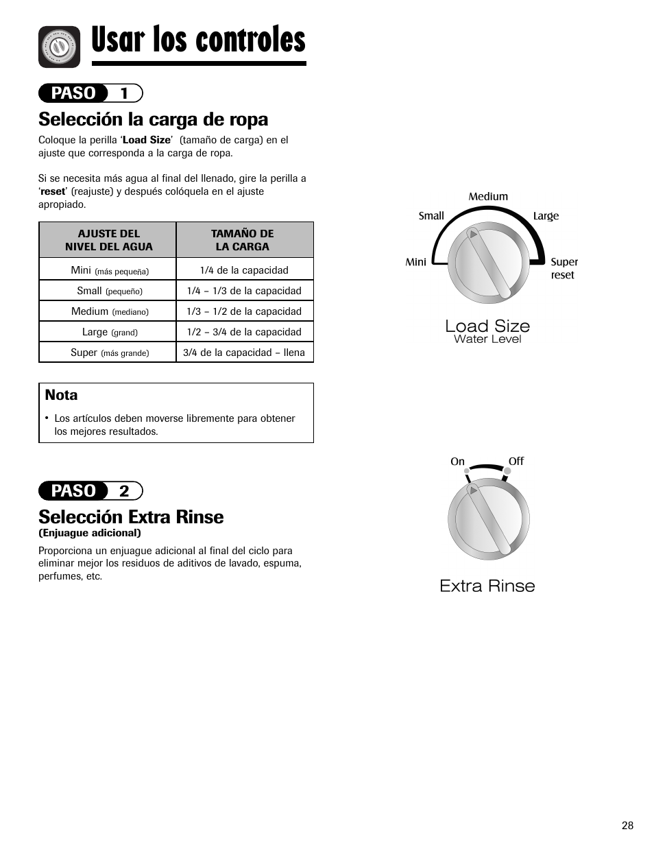 Usar los controles, Selección la carga de ropa, Selección extra rinse | Paso 1 paso 2, Nota | Maytag LAV3600AWW User Manual | Page 29 / 36