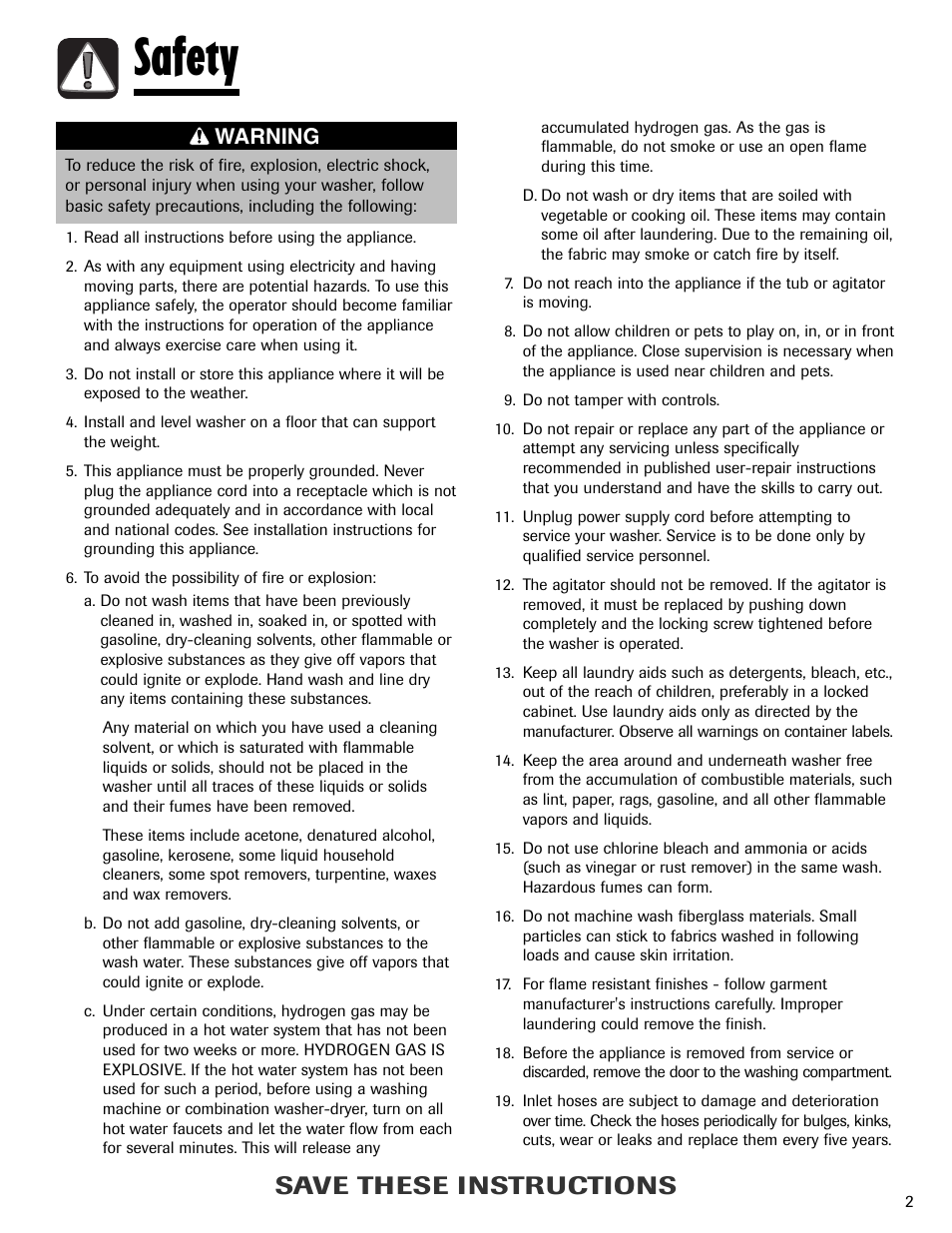 Safety, Save these instructions, Warning | Maytag LAV3600AWW User Manual | Page 3 / 36