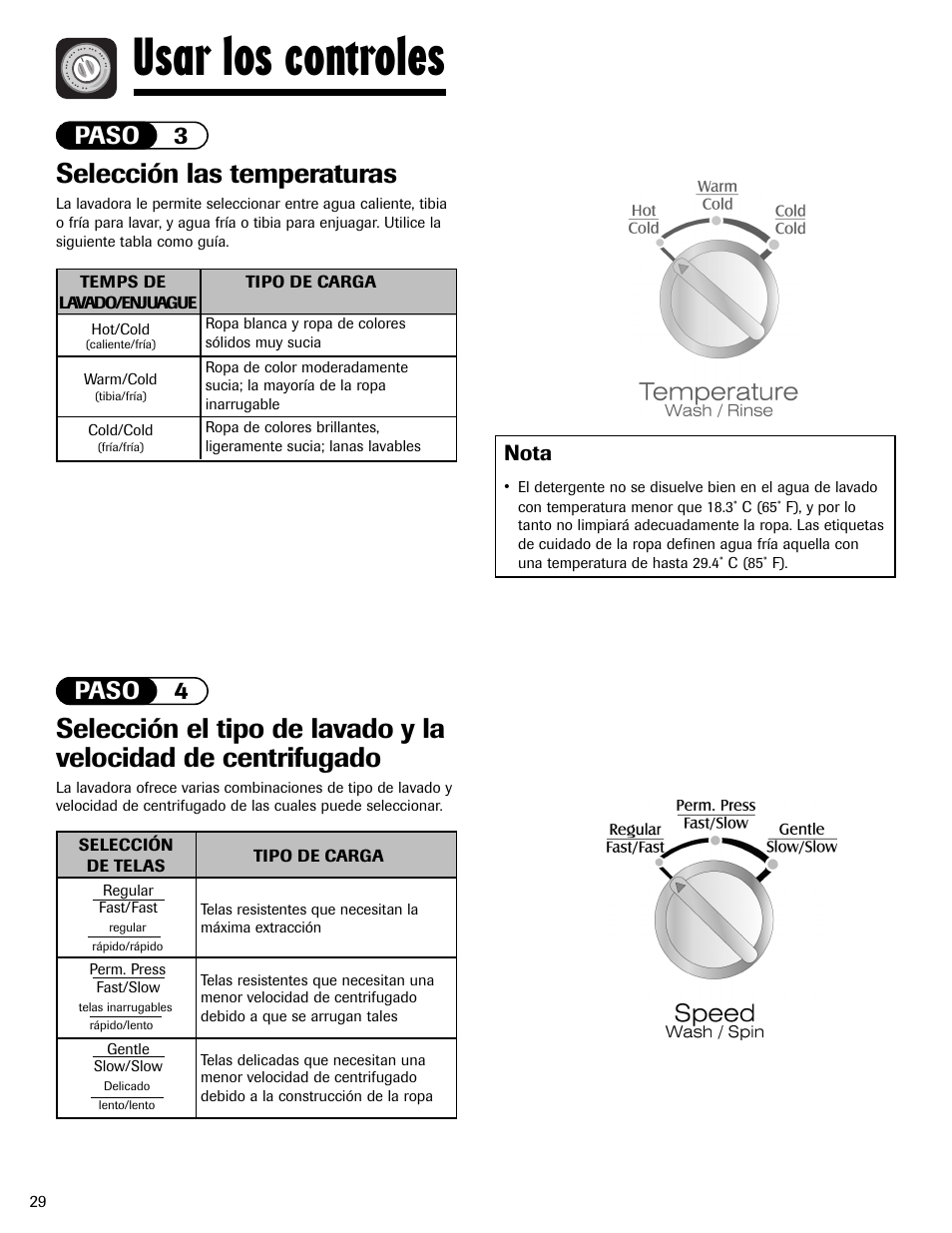Usar los controles, Selección las temperaturas, Paso 3 paso 4 | Nota | Maytag LAV3600AWW User Manual | Page 30 / 36