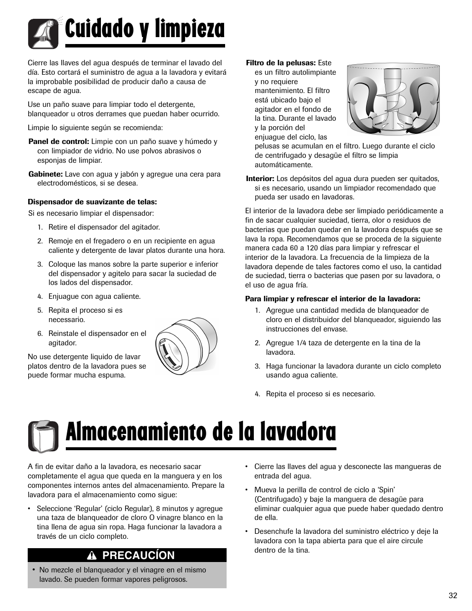 Cuidado y limpieza, Almacenamiento de la lavadora, Precaucíon | Maytag LAV3600AWW User Manual | Page 33 / 36