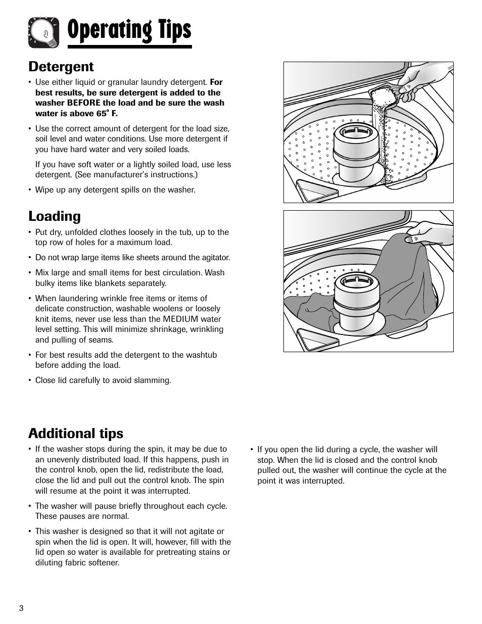 Operating tips, Additional tips, Detergent | Loading | Maytag LAV3600AWW User Manual | Page 4 / 36