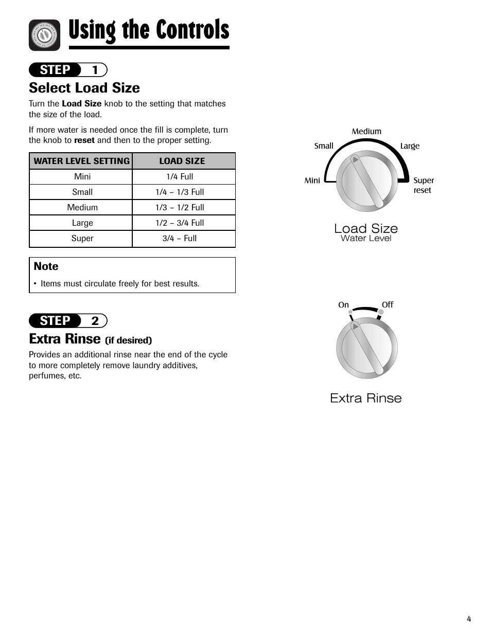 Using the controls, Select load size, Extra rinse | Maytag LAV3600AWW User Manual | Page 5 / 36