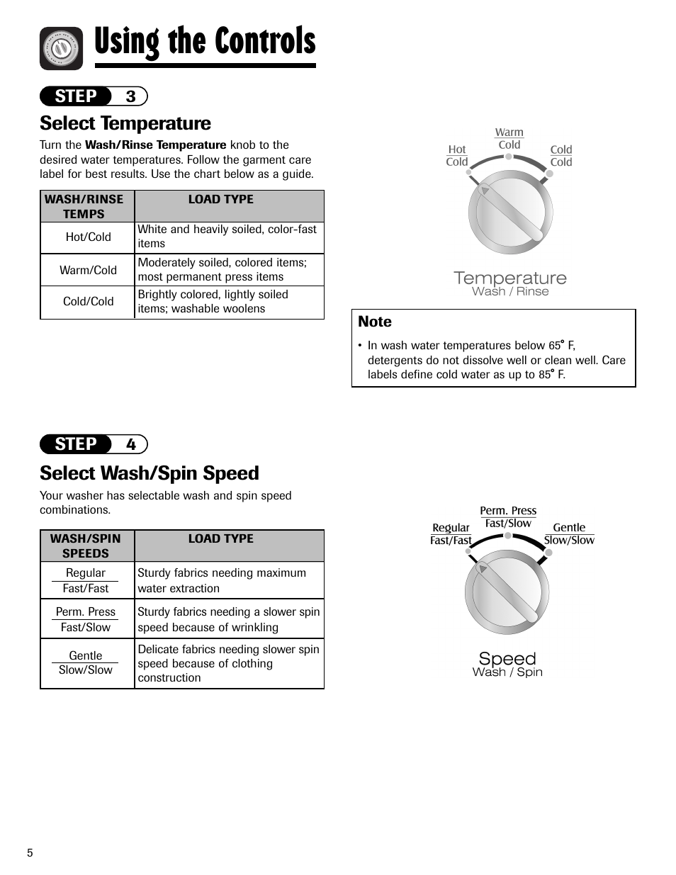 Using the controls, Select temperature, Select wash/spin speed | Step 3 step 4 | Maytag LAV3600AWW User Manual | Page 6 / 36