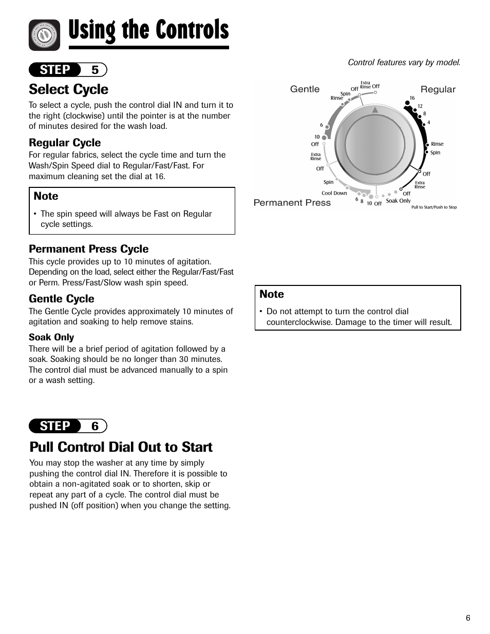 Using the controls, Select cycle, Pull control dial out to start | Maytag LAV3600AWW User Manual | Page 7 / 36