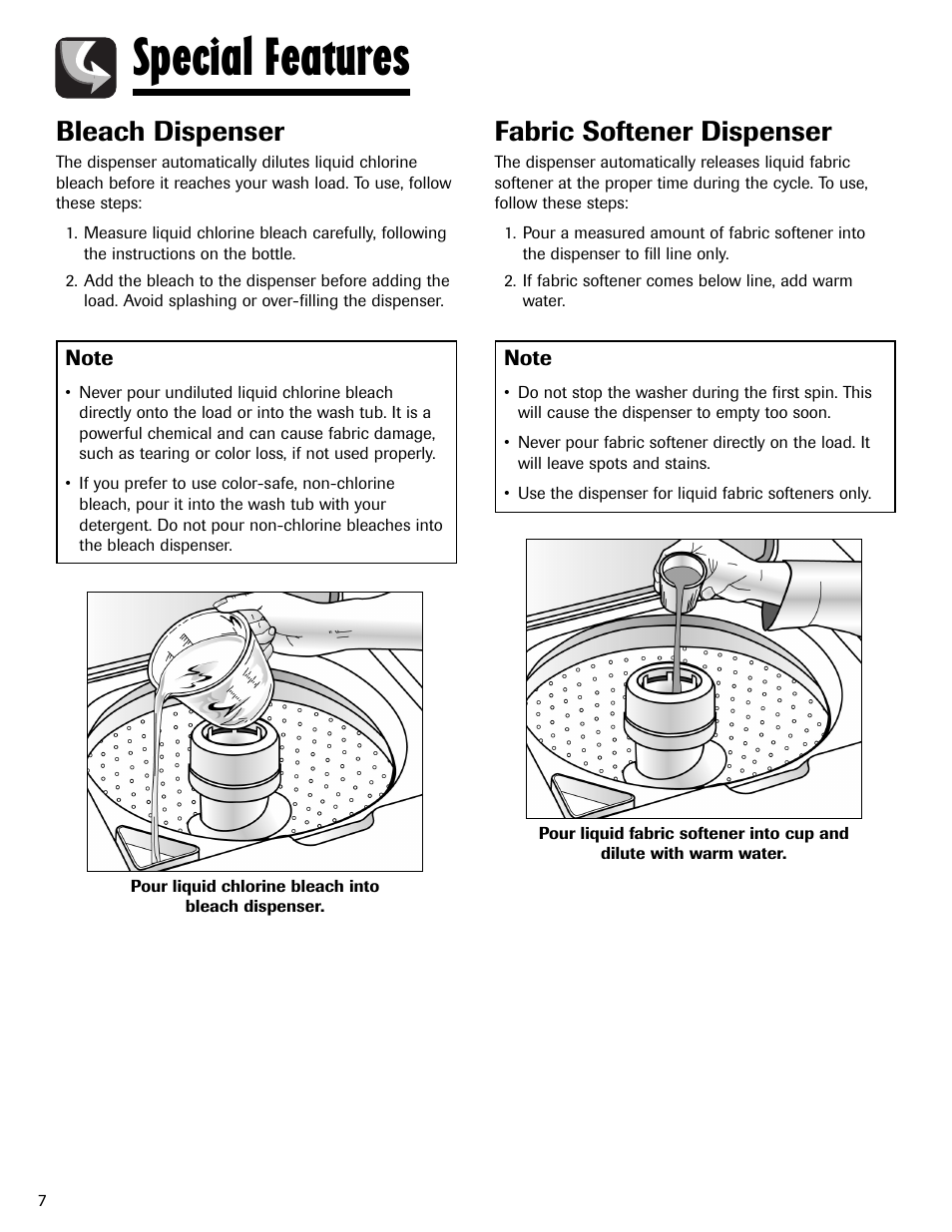 Special features, Bleach dispenser, Fabric softener dispenser | Maytag LAV3600AWW User Manual | Page 8 / 36