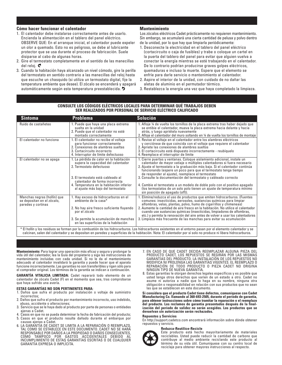 Tabla de resolución de problemas garantía, Funcionamiento y mantenimiento, Síntoma problema solución | Cadet 8F2000 User Manual | Page 12 / 12