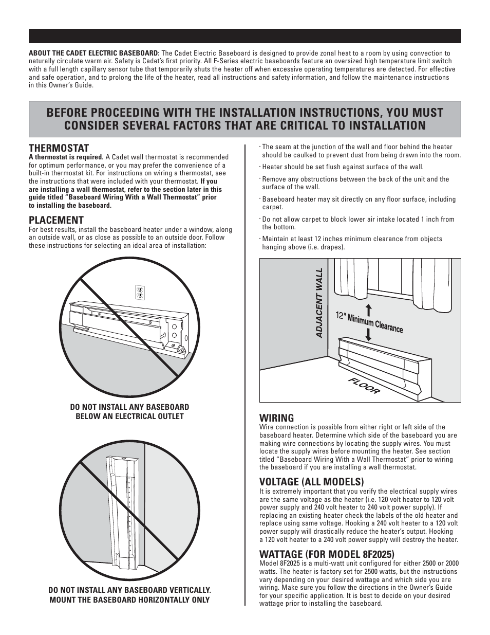 Installation instructions, Thermostat, Placement | Wiring, Voltage (all models) | Cadet 8F2000 User Manual | Page 2 / 12