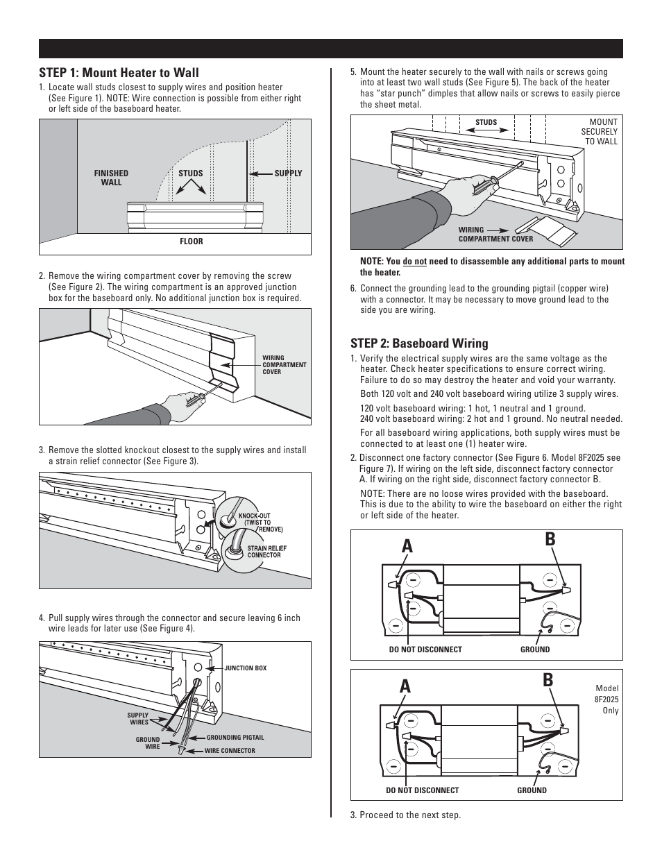 Installation instructions, Step 2: baseboard wiring, Step 1: mount heater to wall | Cadet 8F2000 User Manual | Page 3 / 12