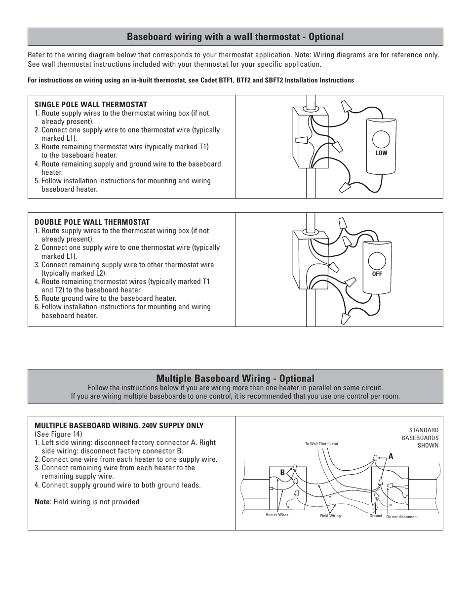 Multiple baseboard wiring - optional, Baseboard wiring with a wall thermostat - optional | Cadet 8F2000 User Manual | Page 5 / 12