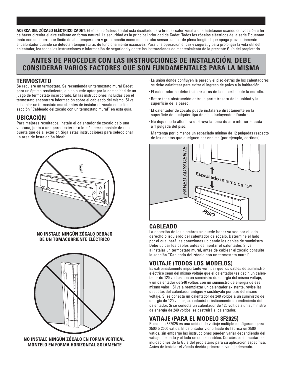 Instrucciones para la instalación, Termostato, Ubicación | Cableado, Voltaje (todos los modelos) | Cadet 8F2000 User Manual | Page 8 / 12