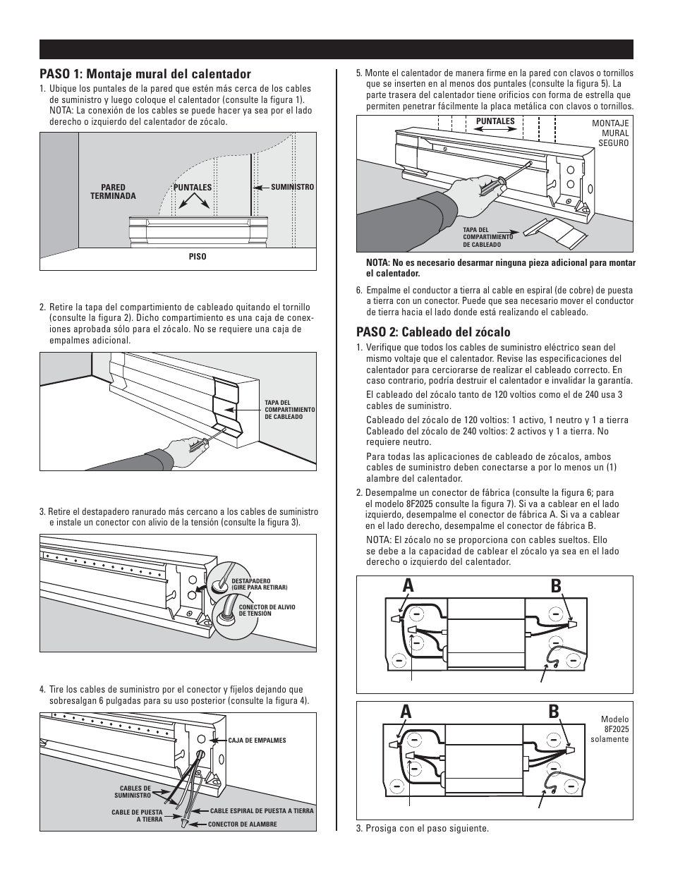 Instrucciones para la instalación, Paso 1: montaje mural del calentador, Paso 2: cableado del zócalo | Cadet 8F2000 User Manual | Page 9 / 12