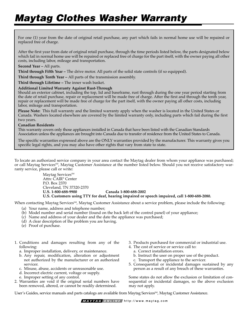 Maytag clothes washer warranty | Maytag MAV9557EWW User Manual | Page 12 / 36