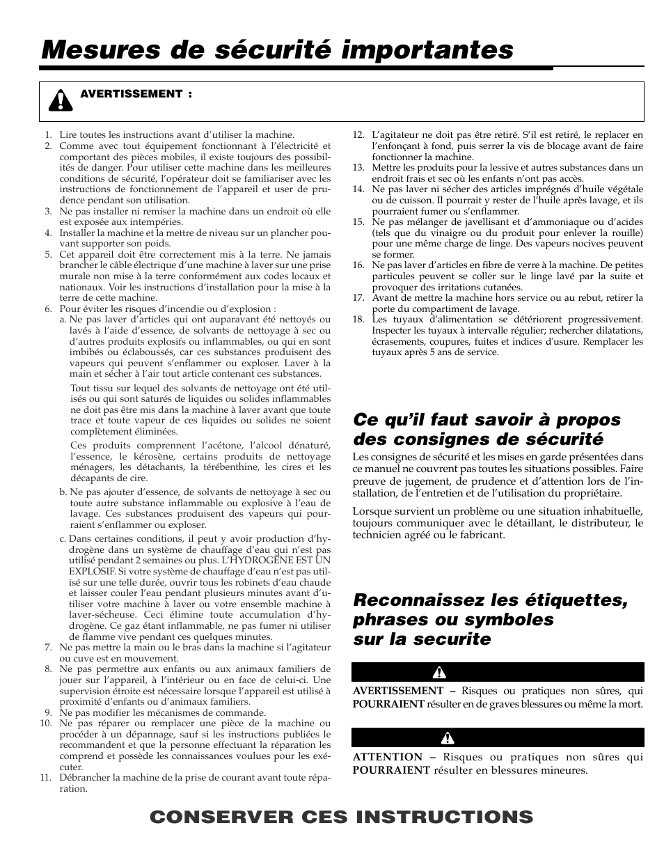 Mesures de sécurité importantes, Conserver ces instructions, Avertissement attention | Maytag MAV9557EWW User Manual | Page 14 / 36