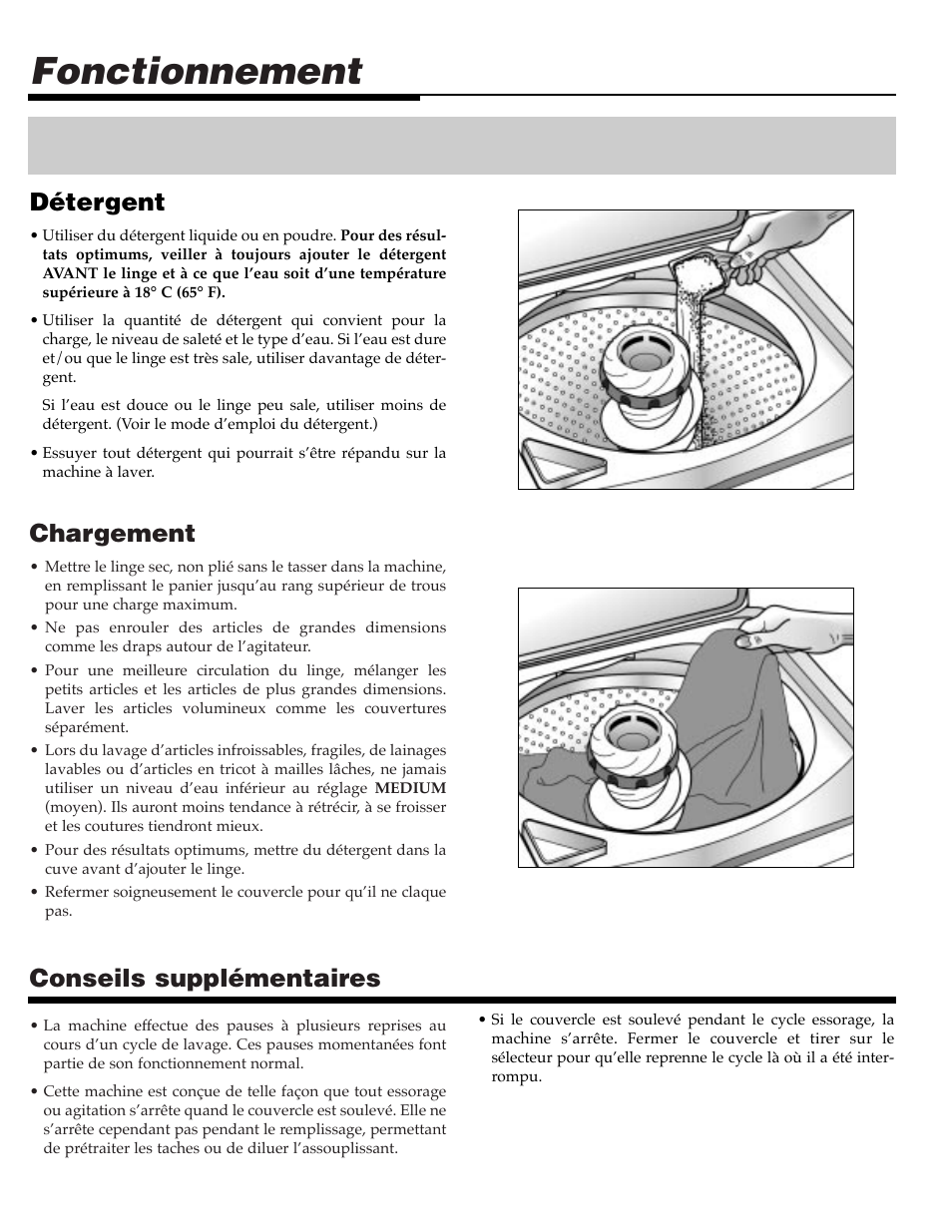 Fonctionnement, Chargement, Conseils supplémentaires | Détergent | Maytag MAV9557EWW User Manual | Page 15 / 36
