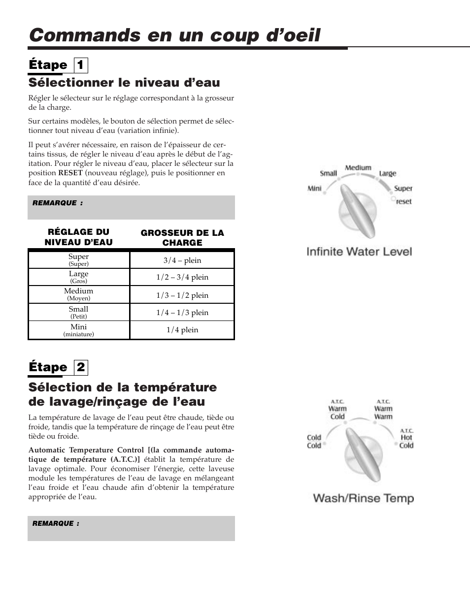 Commands en un coup d’oeil, Sélectionner le niveau d’eau, Étape 1 étape 2 | Maytag MAV9557EWW User Manual | Page 16 / 36