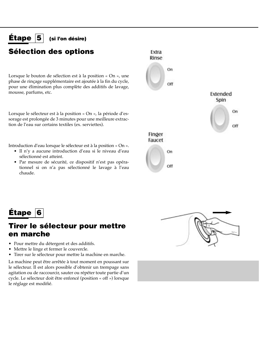 Tirer le sélecteur pour mettre en marche, Étape 6 étape 5, Sélection des options | Maytag MAV9557EWW User Manual | Page 19 / 36