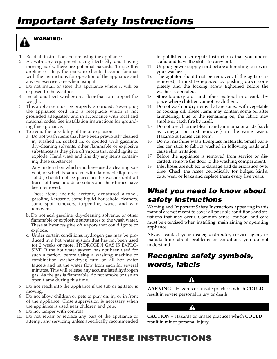 Important safety instructions, Save these instructions, Recognize safety symbols, words, labels | What you need to know about safety instructions, Warning caution | Maytag MAV9557EWW User Manual | Page 2 / 36