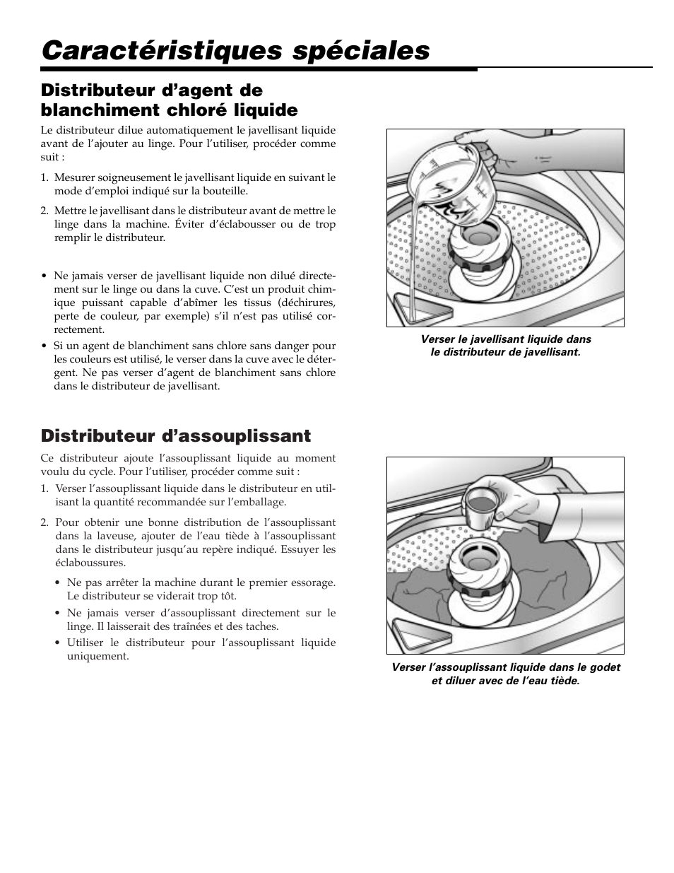 Caractéristiques spéciales, Distributeur d’assouplissant, Distributeur d’agent de blanchiment chloré liquide | Maytag MAV9557EWW User Manual | Page 20 / 36