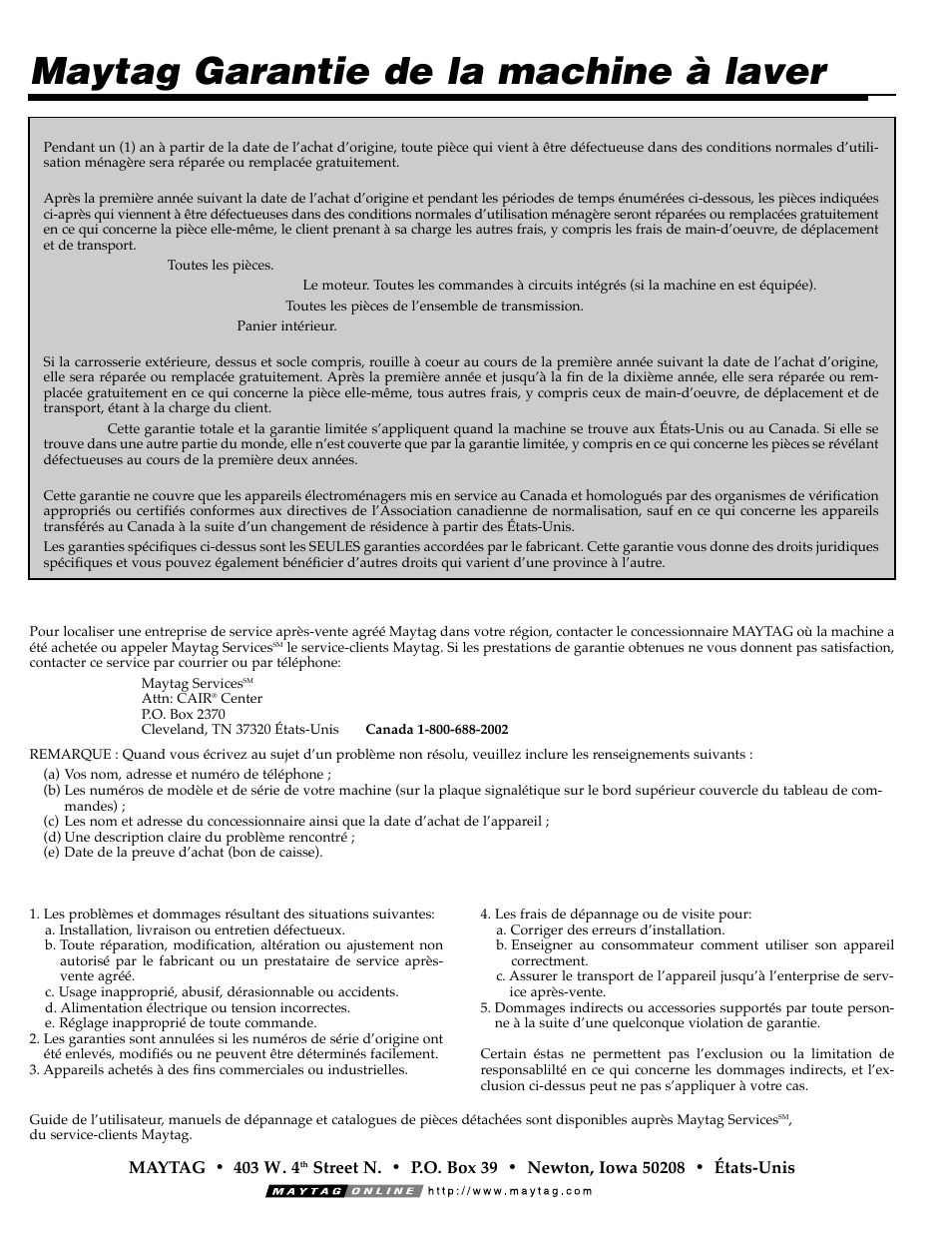 Maytag garantie de la machine à laver | Maytag MAV9557EWW User Manual | Page 24 / 36
