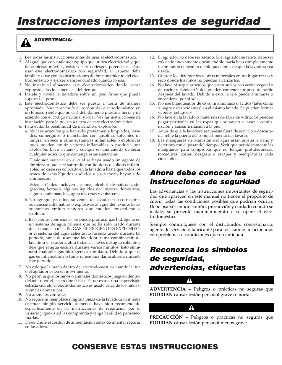 Instrucciones importantes de seguridad, Conserve estas instrucciones, Ahora debe conocer las instrucciones de seguridad | Advertencia precaución | Maytag MAV9557EWW User Manual | Page 26 / 36
