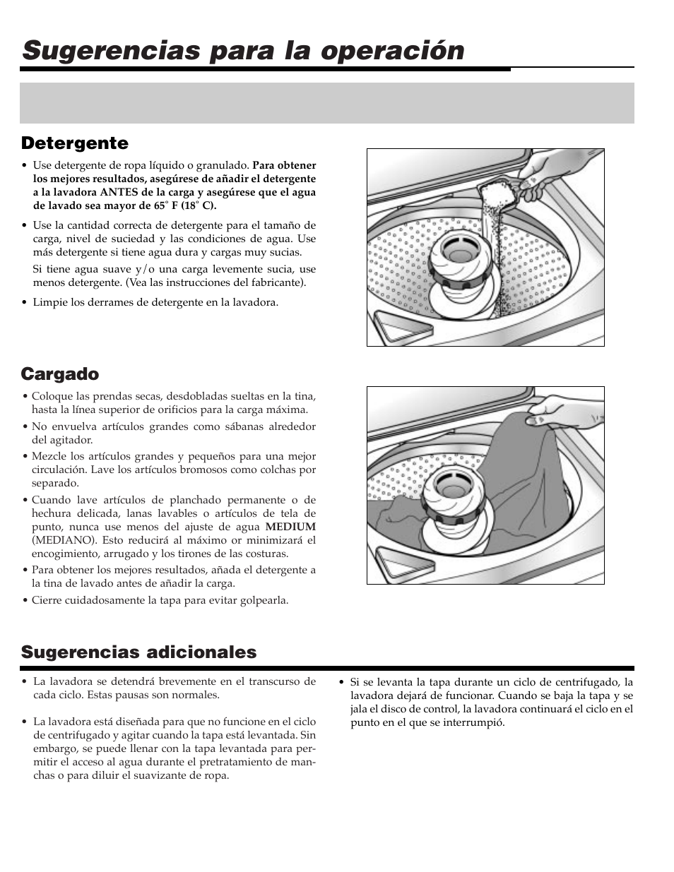 Sugerencias para la operación, Cargado, Sugerencias adicionales | Detergente | Maytag MAV9557EWW User Manual | Page 27 / 36