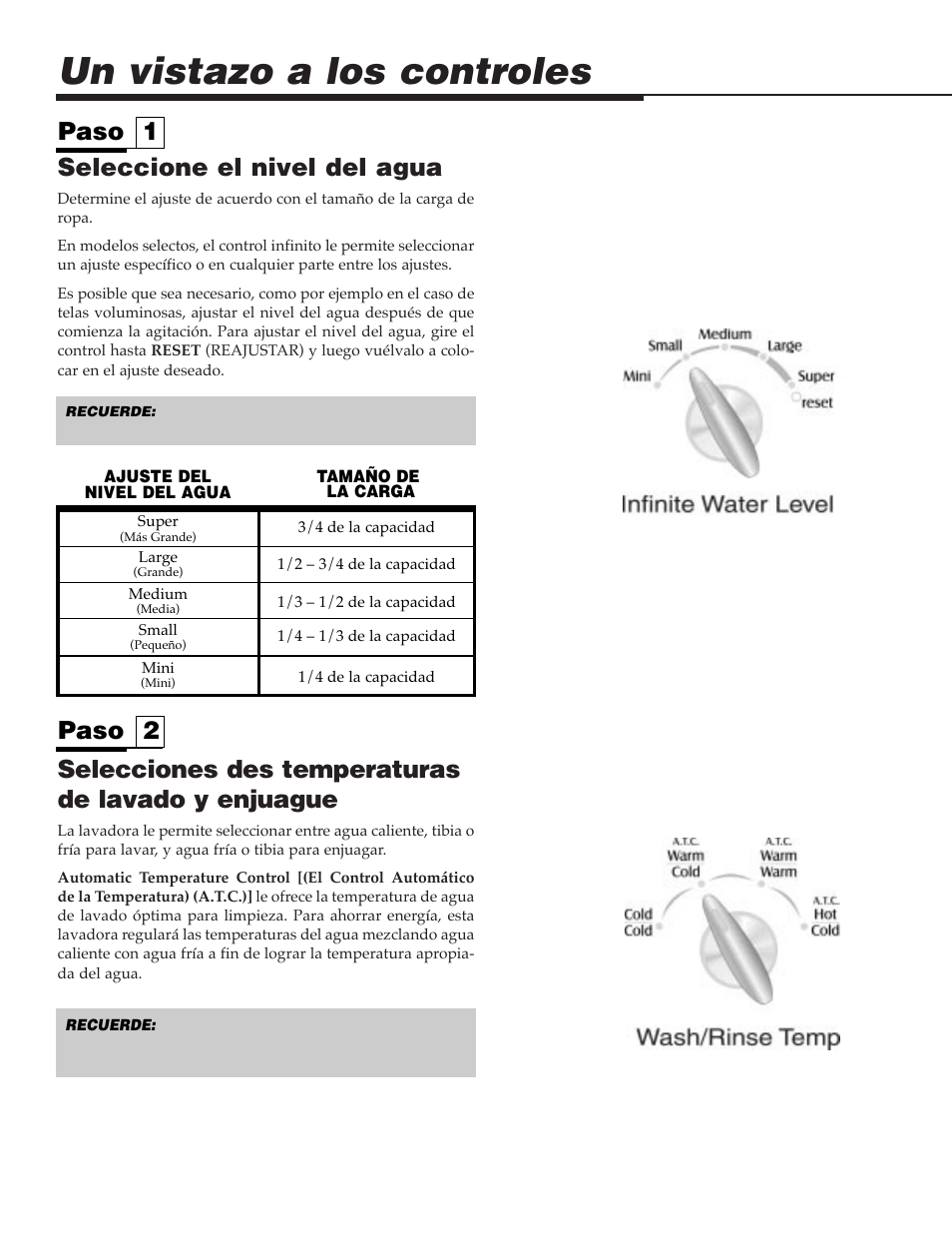 Un vistazo a los controles, Seleccione el nivel del agua, Selecciones des temperaturas de lavado y enjuague | Paso 1 paso 2 | Maytag MAV9557EWW User Manual | Page 28 / 36