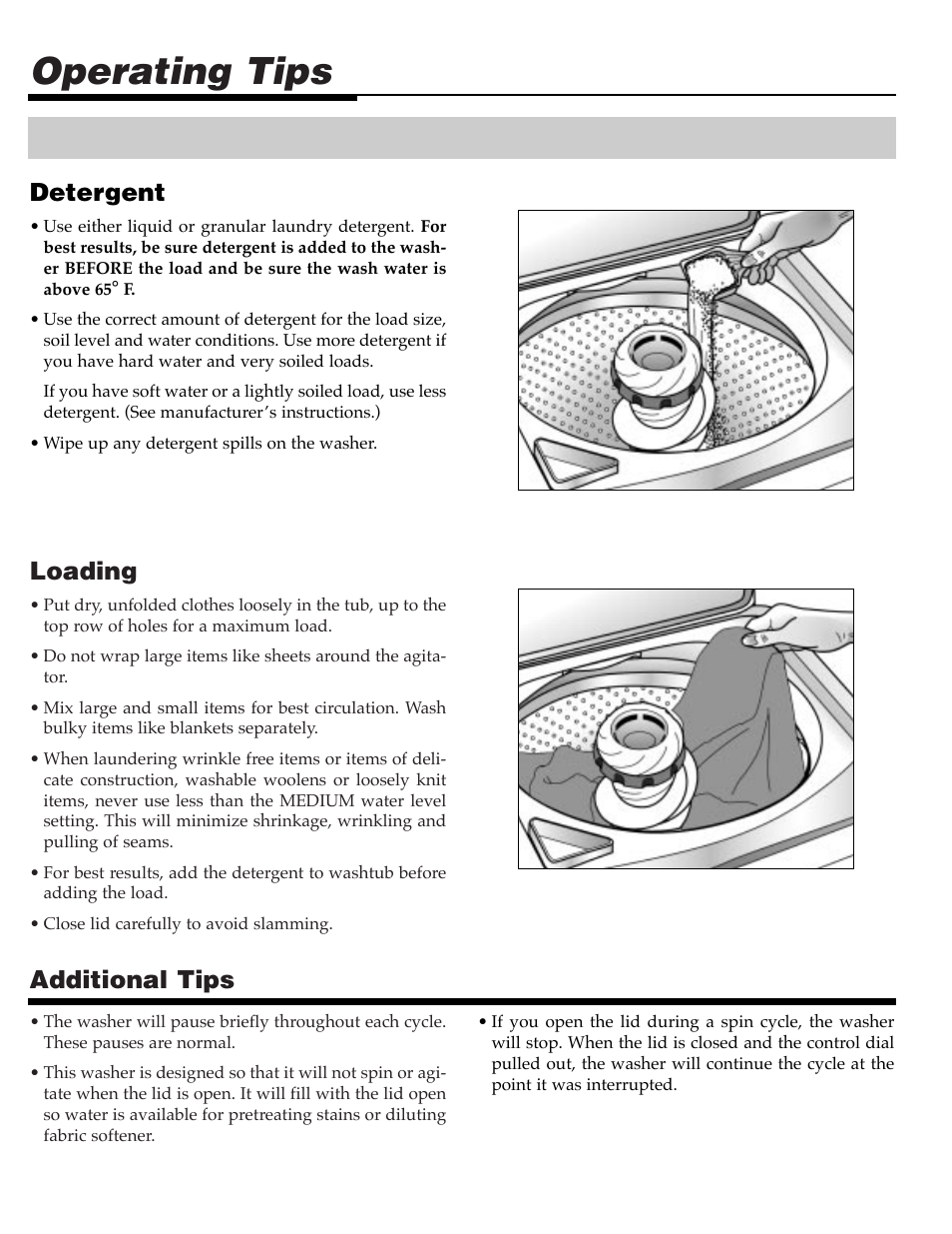 Operating tips, Loading, Additional tips | Detergent | Maytag MAV9557EWW User Manual | Page 3 / 36