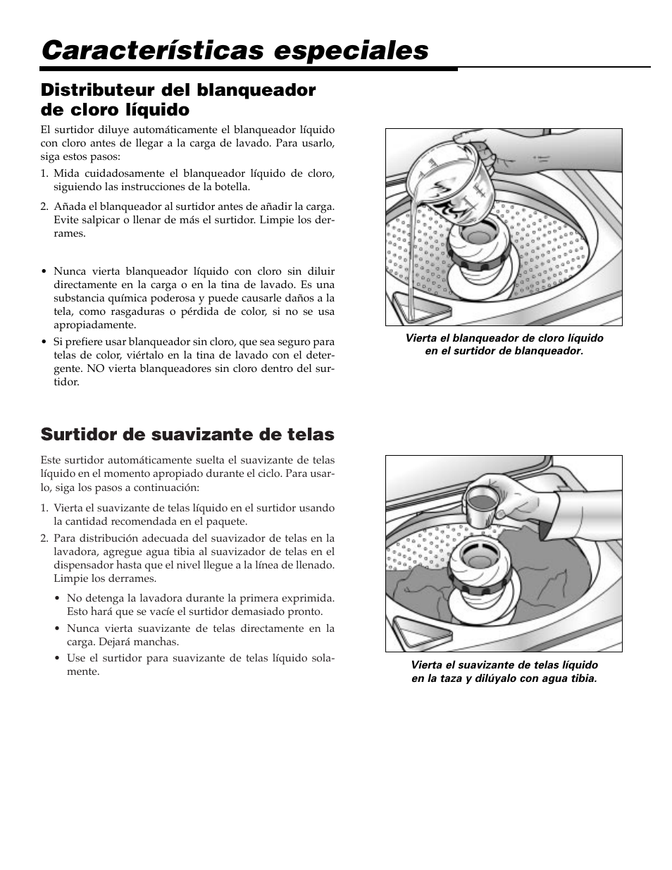 Características especiales, Surtidor de suavizante de telas, Distributeur del blanqueador de cloro líquido | Maytag MAV9557EWW User Manual | Page 32 / 36