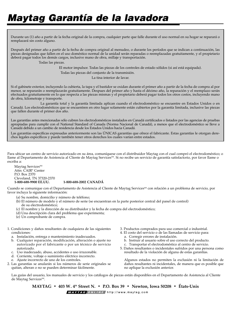 Maytag garantía de la lavadora | Maytag MAV9557EWW User Manual | Page 36 / 36