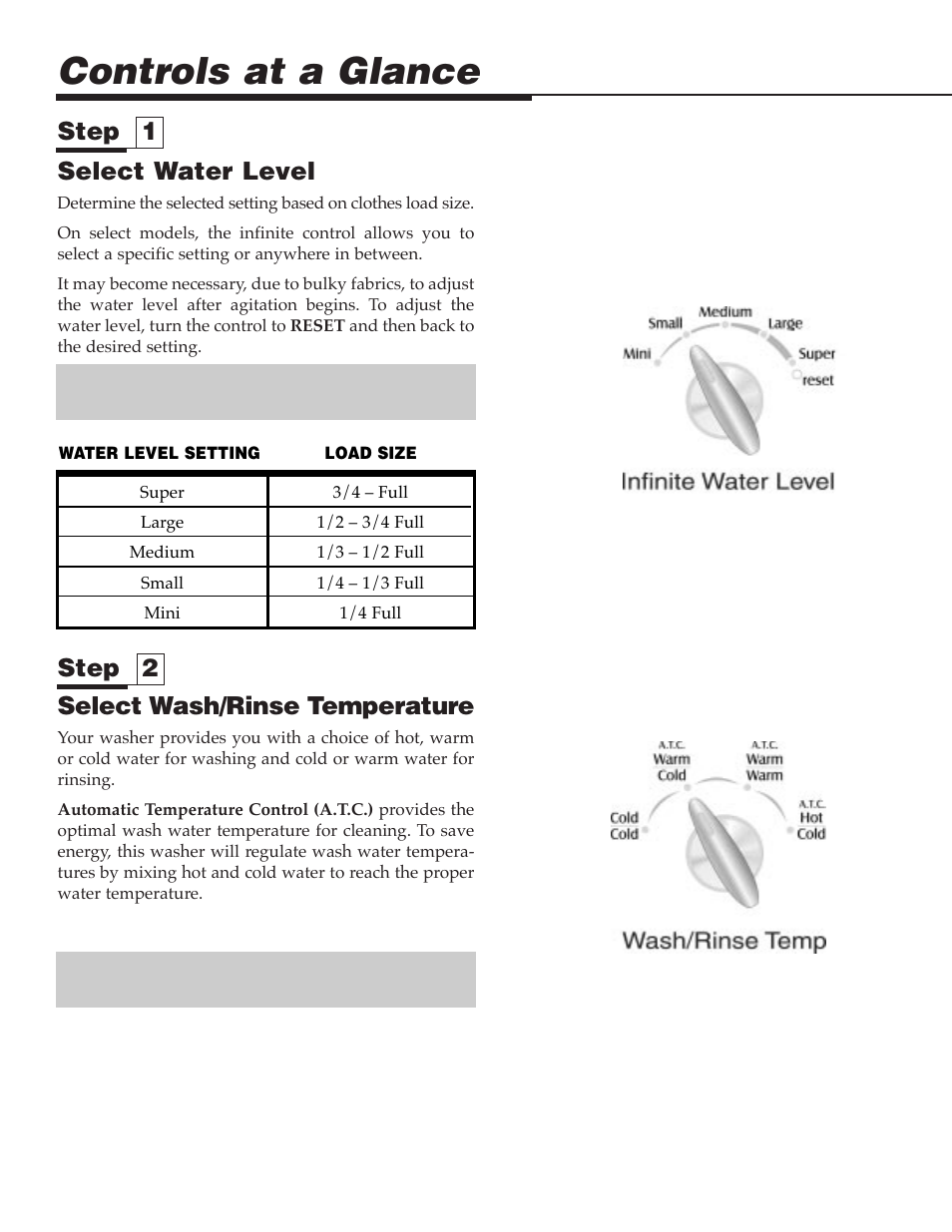 Controls at a glance, Select water level, Select wash/rinse temperature | Step 1 step 2 | Maytag MAV9557EWW User Manual | Page 4 / 36