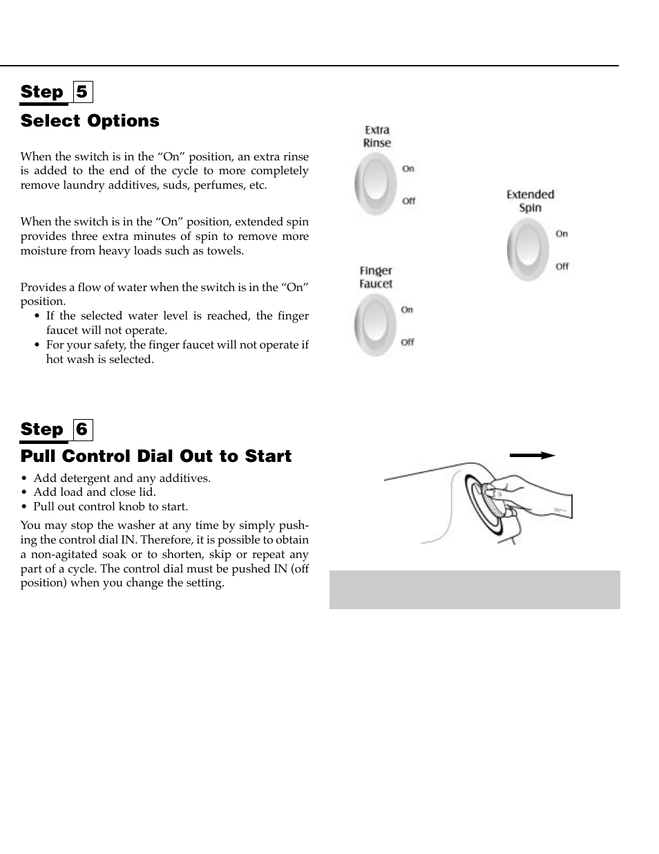 Pull control dial out to start, Step 6 step 5, Select options | Maytag MAV9557EWW User Manual | Page 7 / 36