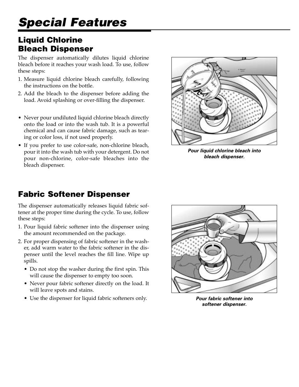 Special features, Liquid chlorine bleach dispenser, Fabric softener dispenser | Maytag MAV9557EWW User Manual | Page 8 / 36