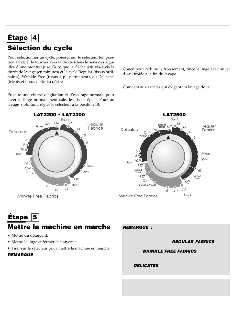 Sélection du cycle, Mettre la machine en marche, Étape 4 étape 5 | Maytag LAT2500AAE User Manual | Page 15 / 28