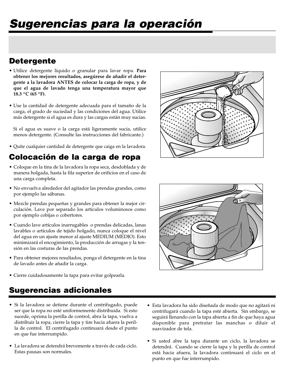 Sugerencias para la operación, Colocación de la carga de ropa, Sugerencias adicionales | Detergente | Maytag LAT2500AAE User Manual | Page 23 / 28