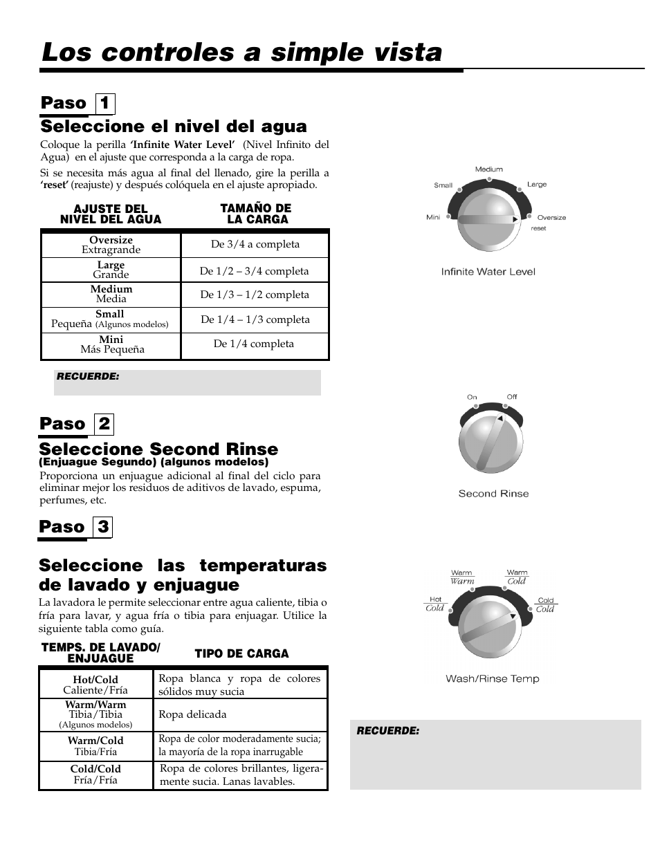 Los controles a simple vista, Paso 3 paso 1, Seleccione las temperaturas de lavado y enjuague | Seleccione el nivel del agua, Paso 2 seleccione second rinse | Maytag LAT2500AAE User Manual | Page 24 / 28