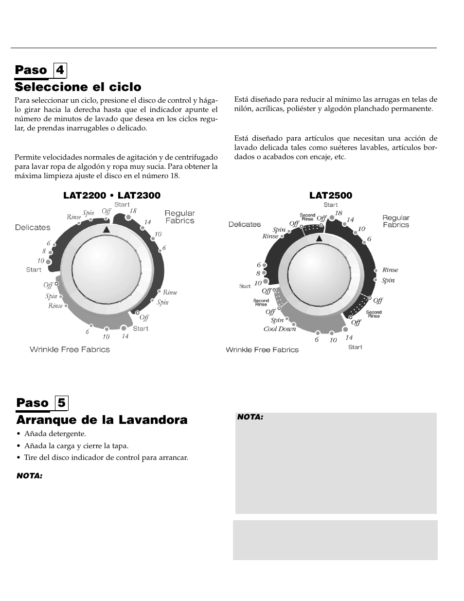 Paso 5 paso 4, Seleccione el ciclo, Arranque de la lavandora | Maytag LAT2500AAE User Manual | Page 25 / 28