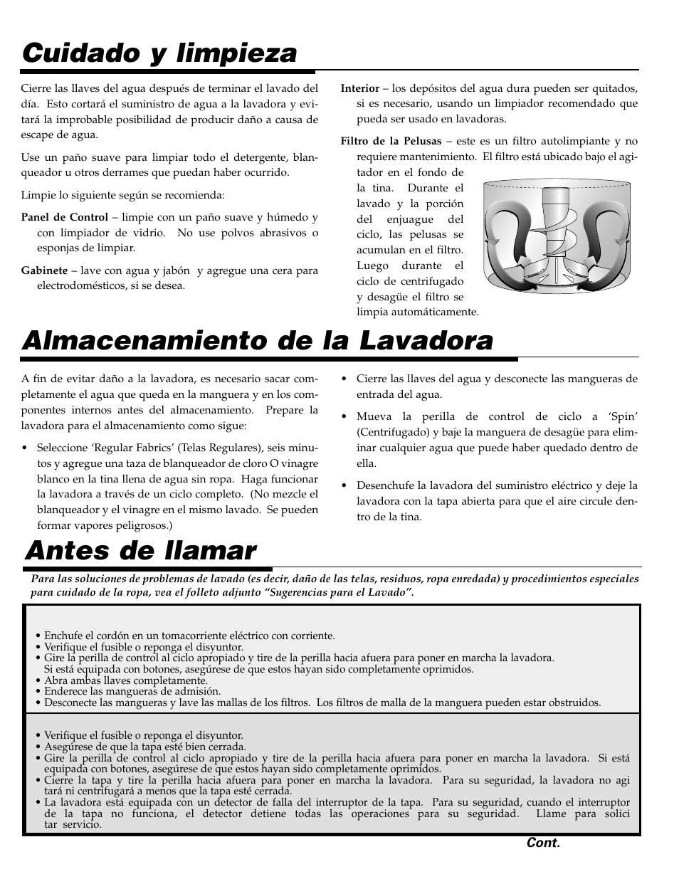 Cuidado y limpieza, Almacenamiento de la lavadora, Antes de llamar | Maytag LAT2500AAE User Manual | Page 27 / 28